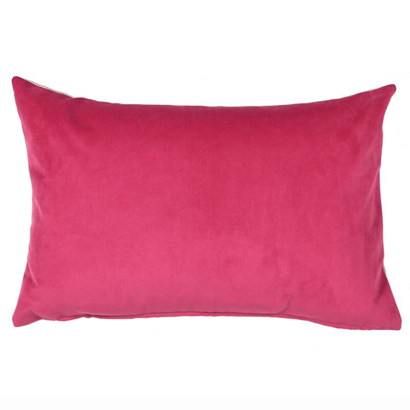 Pink polyester cushion with neutral tone reverse side