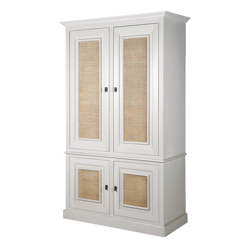 Rustic white cabinet with rattan style panelling on the doors