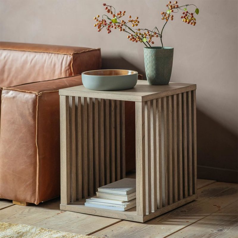 Square wooden side table with slatted sides
