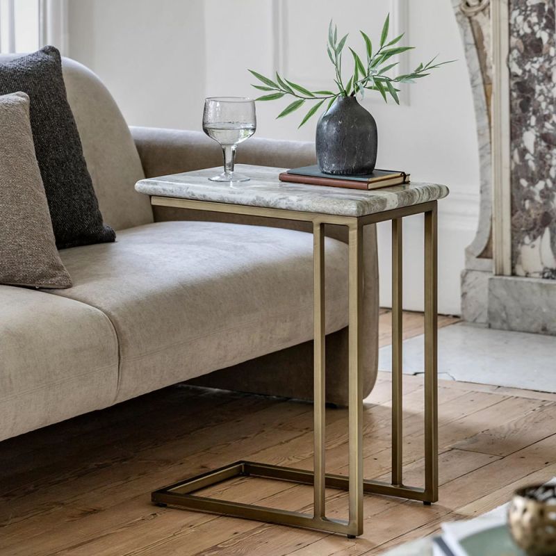 Square side table with a green marble top and a brass frame