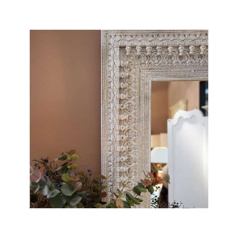 Rectangular wall mirror with carved white-washed wood frame