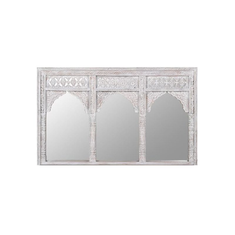 Trio of three combined wall mirrors in white washed wood with intricate carvings