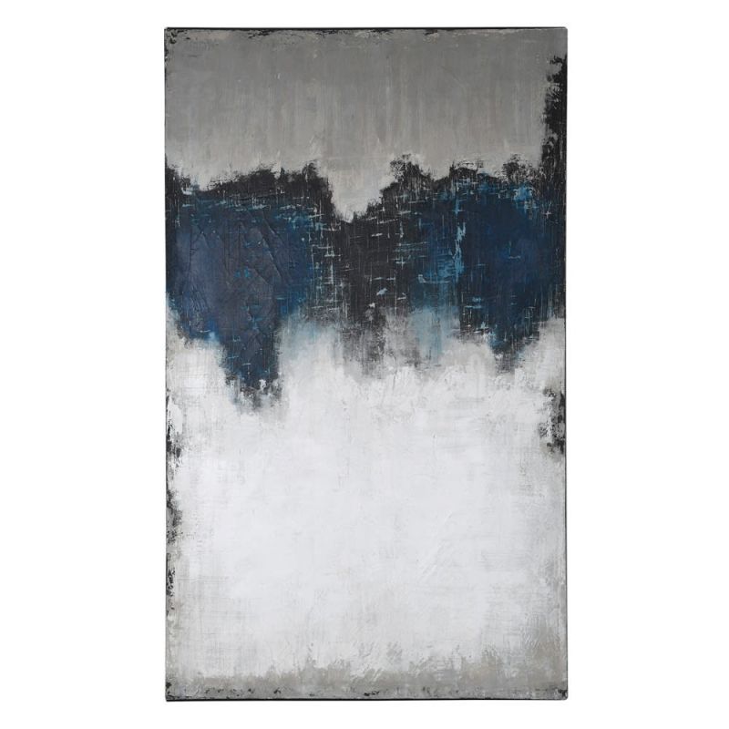 A luxurious moody blue, white and black abstract art piece