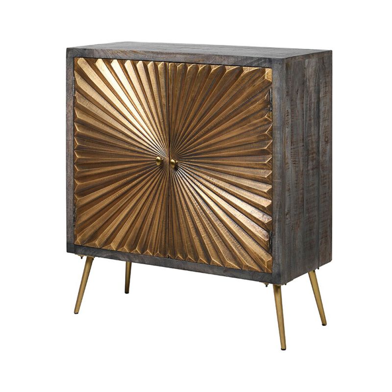 a stylish wooden starburst sideboard with antiqued brass accents