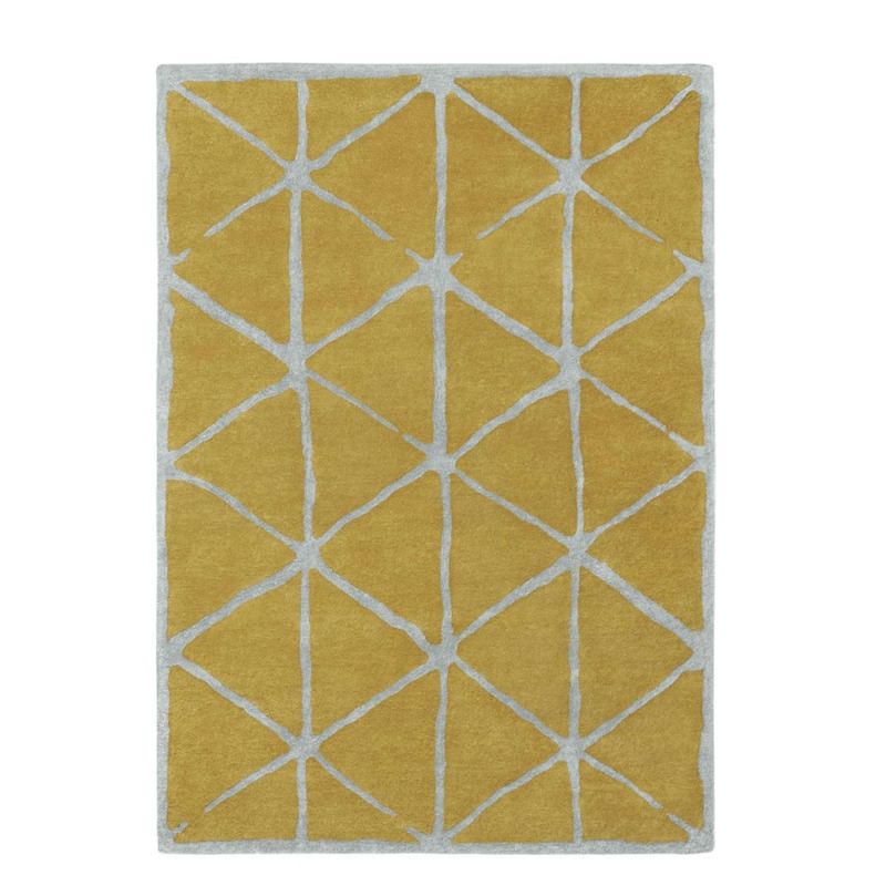 Hand-tufted geometric rug in ochre and light grey