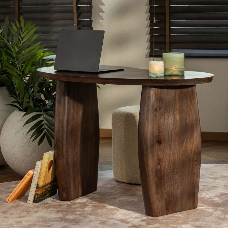 Space saving organic shaped brown wood desk