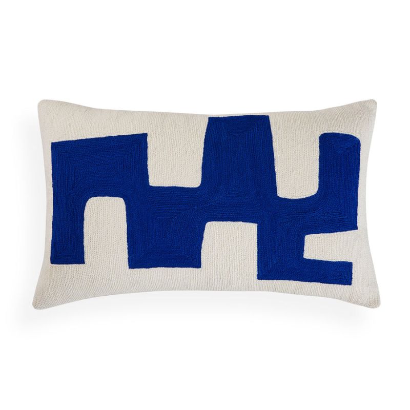 Rectangular cushion with blue and white abstract artwork