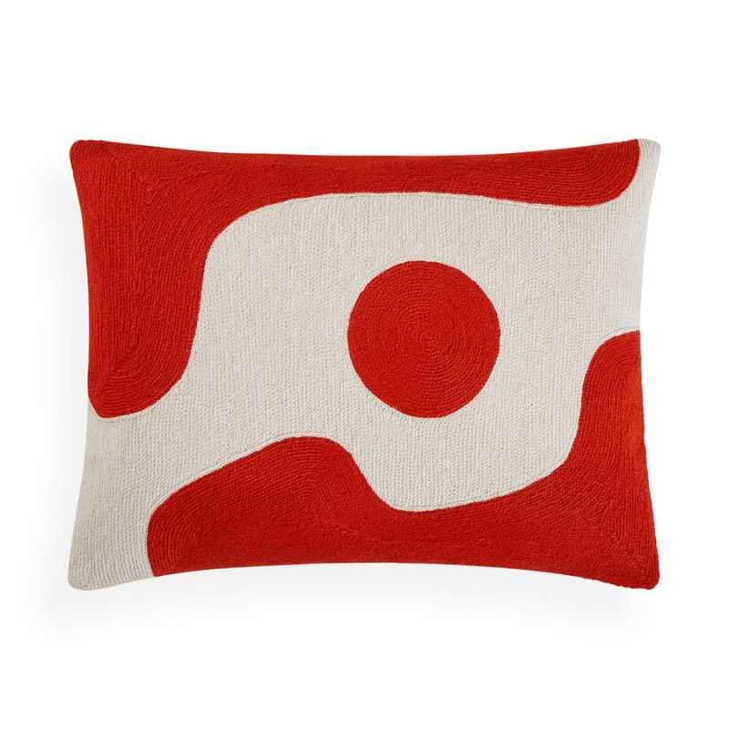 Rectangular cushion with red and white abstract artwork