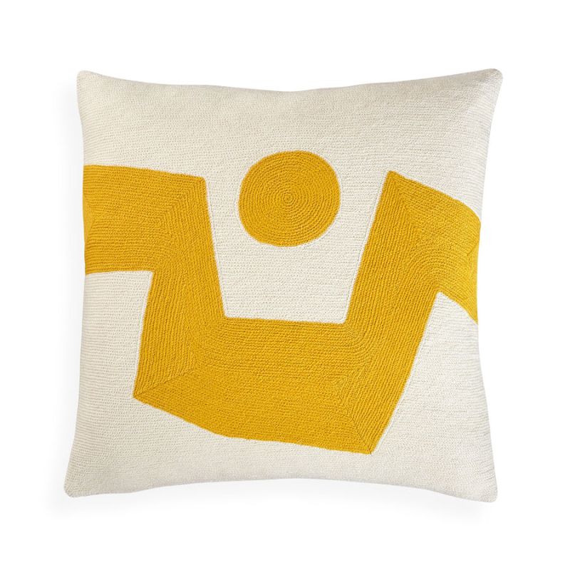 Square cushion with yellow abstract artwork