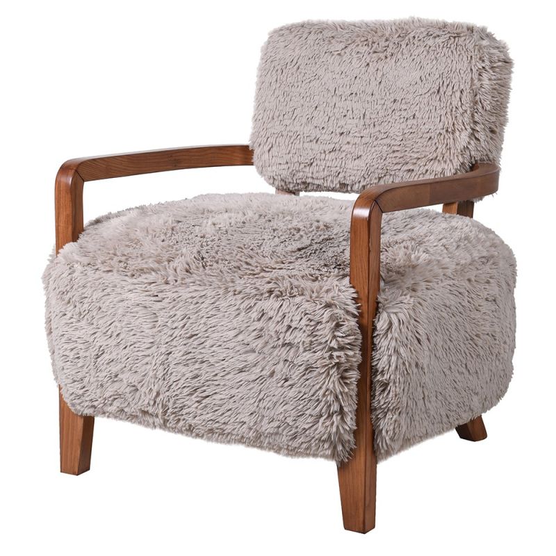 Taupe faux fur armchair with rich brown wooden frame