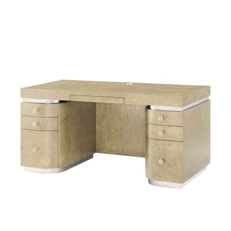 Thick wooden desk with five drawers and brass accents