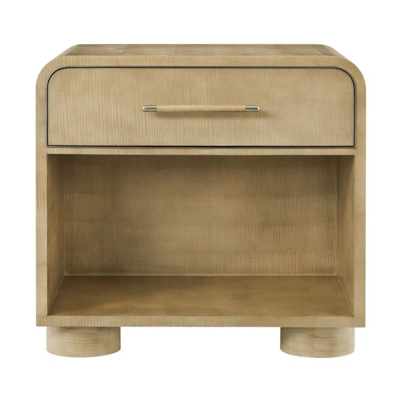 Rounded bedside table with an open cubby and one drawer, natural wood finish