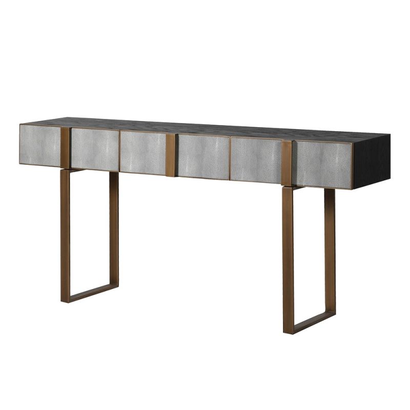 Striking console table with brass detailing and shagreen drawers