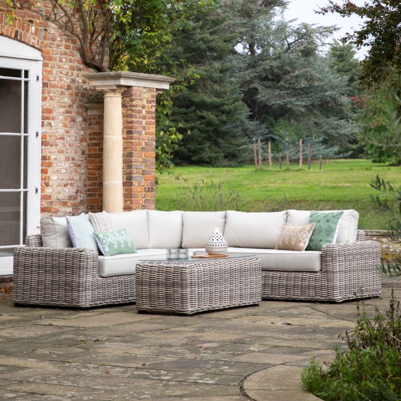 Stunning corner lounge set with wide large seats, extra thick cushions, corner seats and coffee table