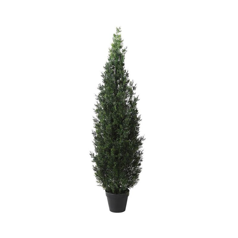 Tall artificial green plant with black pot for outdoor use