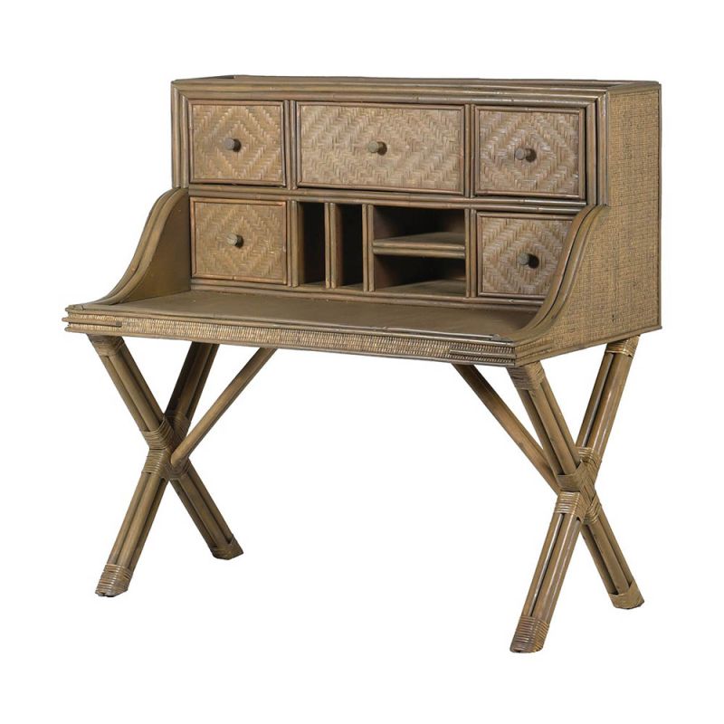 Charming desk with array of drawers and compartments in rattan finish