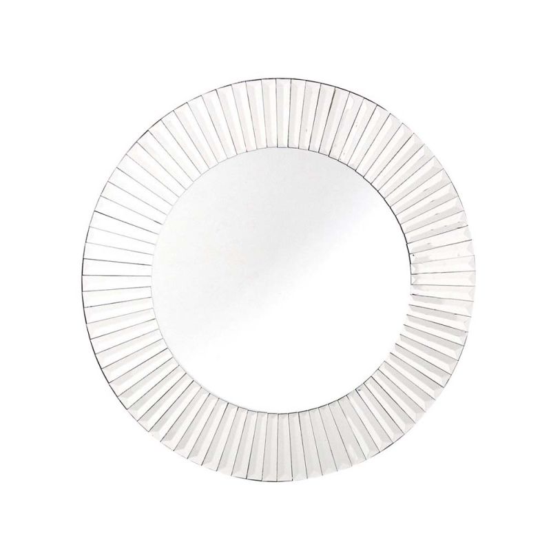 A luxurious round mirror with a simple and subtle panelled frame