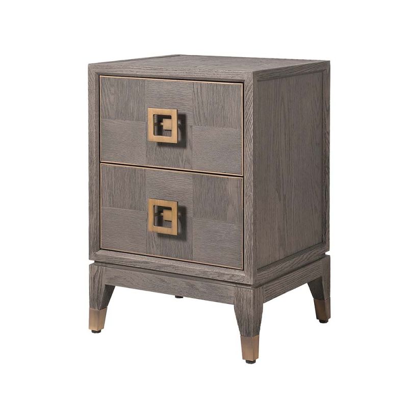 A brown two drawer bedside table with brushed brass hardware and feet