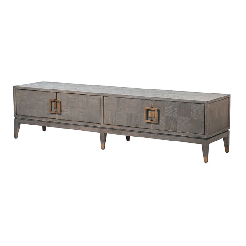 grey entertainment unit with brass details