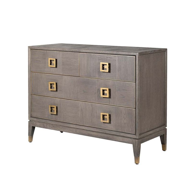 A sophisticated four drawer chest with square, brass hardware