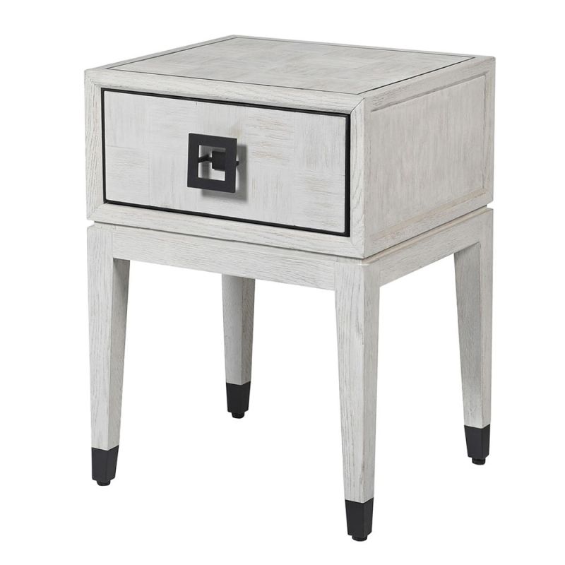 Contemporary white oak bedside table with black iron accents