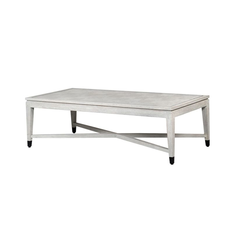 A beautiful white oak coffee table with contrasting, dark metal accents