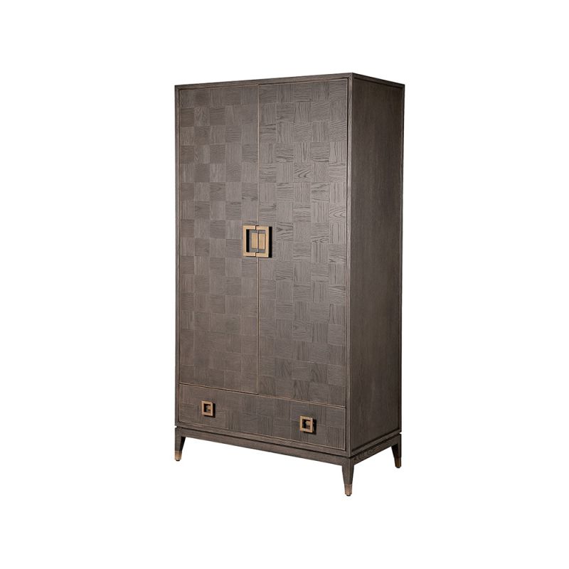 A luxurious wardrobe with a brown oak finish and antique brass hardware