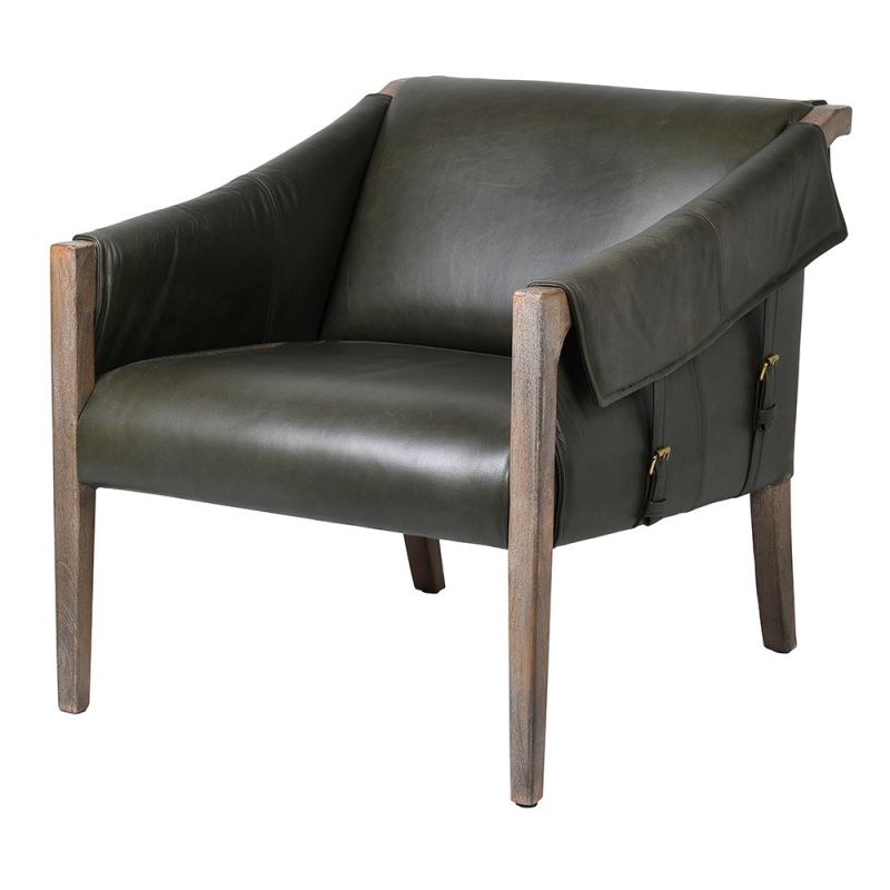 Armchair with green leather and wooden frame