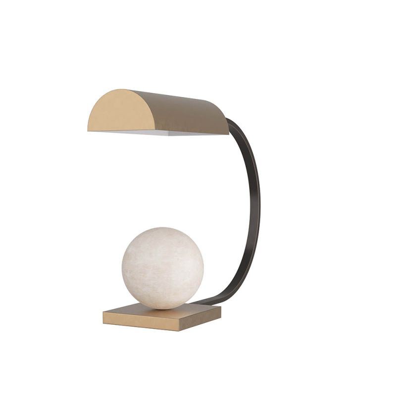 Sculptural lamp with swooping bronze arm, curved brass shade and alabaster orb on base 