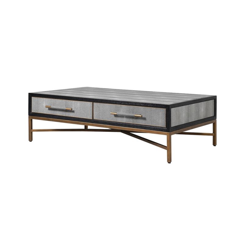 A fabulous grey faux shagreen coffee table with an antique brass bass and black and gold accents