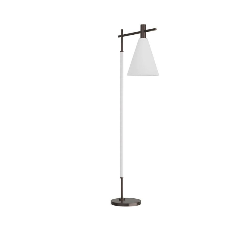 Directional floor lamp with tapered, opal glass shade suspended from bronze arm 