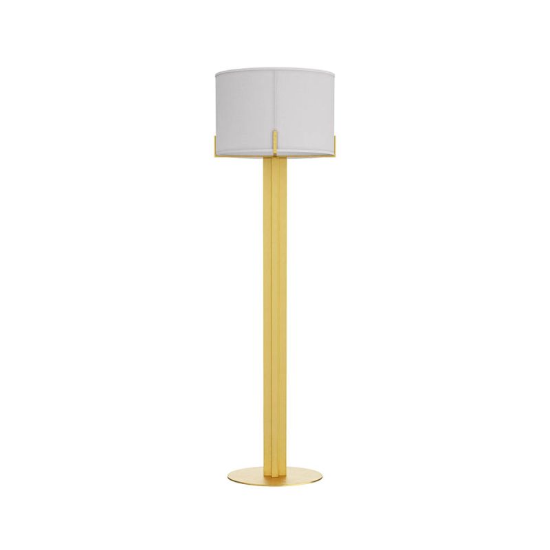 Modern antique brass floor lamp with metal clips securing the folded-linen drum shade