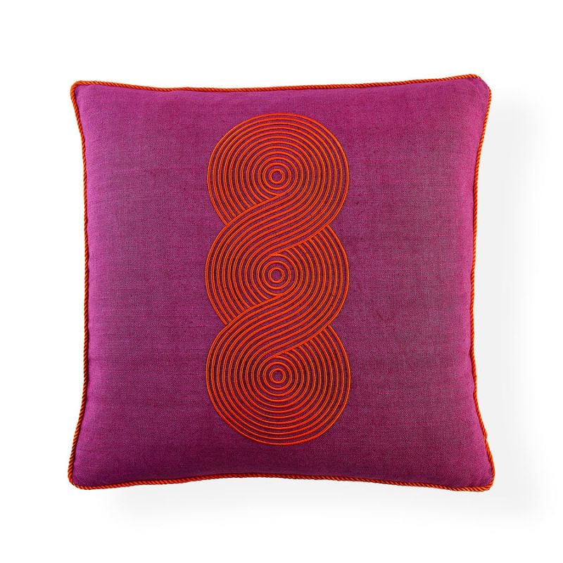 Square fuchsia cushion with orange half circle artwork