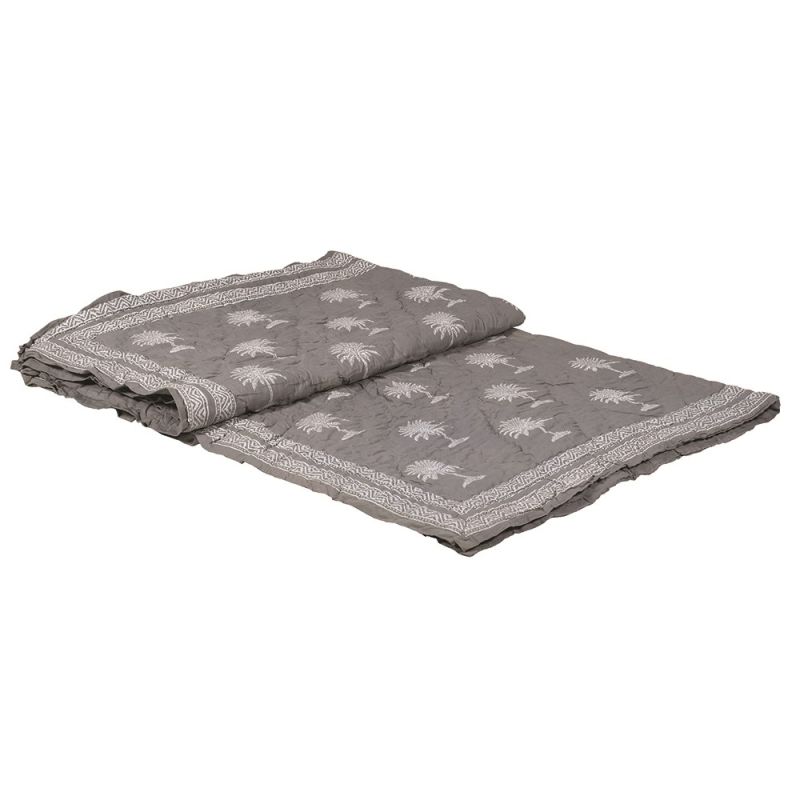 Grey bedspread with palm print