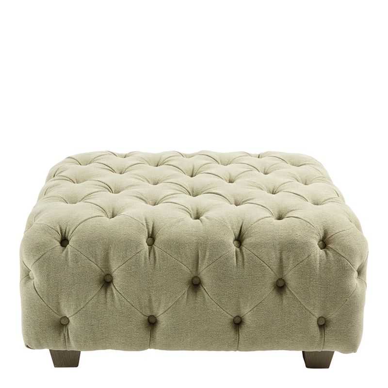 Square, sage green linen, deep buttoned pouffe