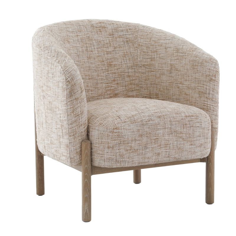 The Banbury Accent Chair, with its curved upholstered back, brass detailing, and natural linen fabric, adds refined elegance to any interior.