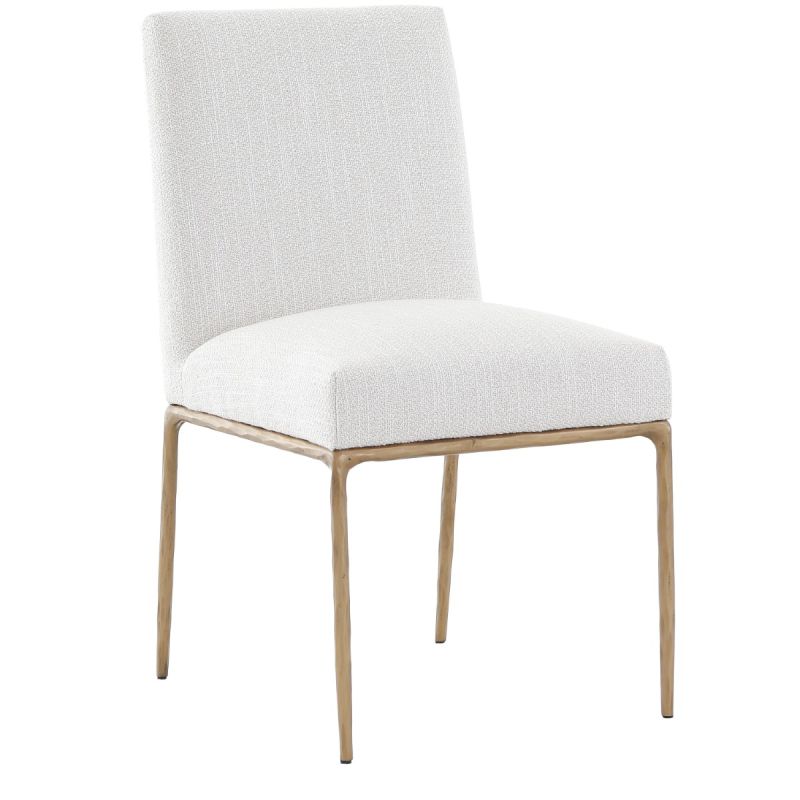 The Sloane Dining Chair, with its brass gold metal legs and off-white C0 fabric upholstery, effortlessly adds a chic mid-century modern touch to any dining space.