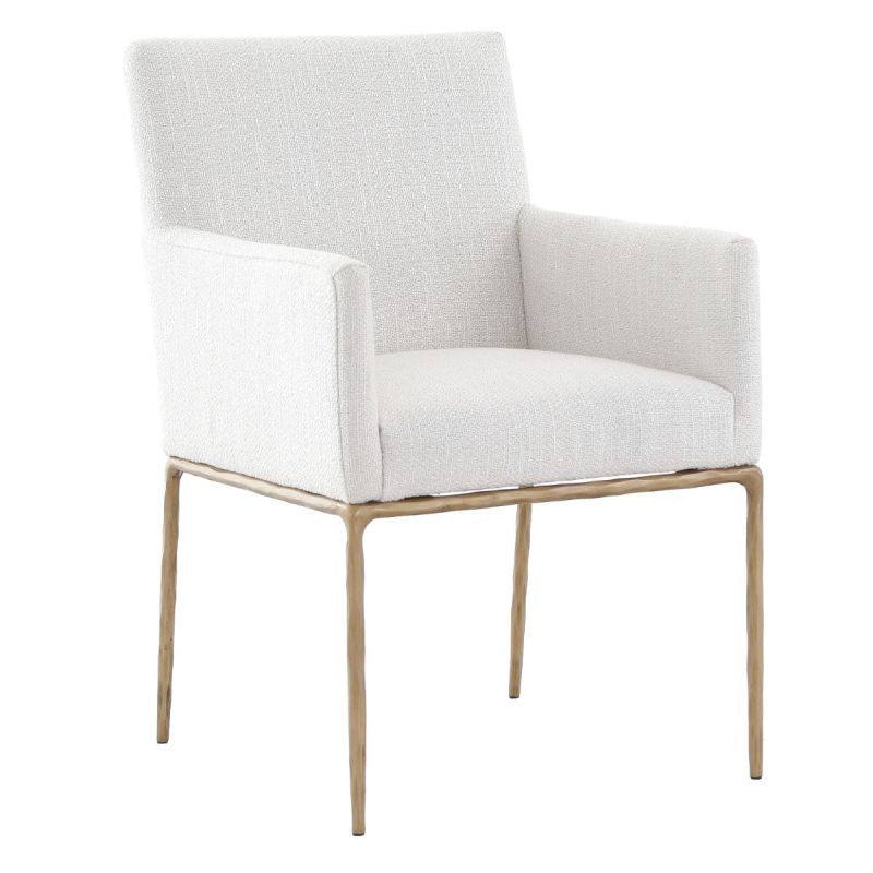 The Sloane Dining Armchair combines mid-century modern elegance with forged brass gold legs and off-white C0 fabric upholstery, offering both style and comfort.