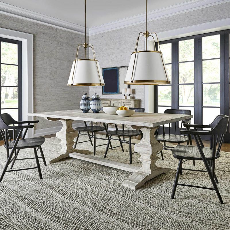 A grand farmhouse style extendable dining table with a gorgeous grey/off-white finish