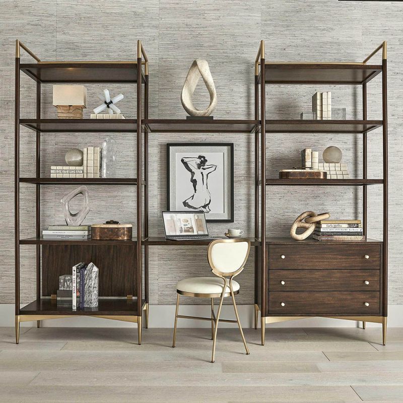 Elegant storage shelves with three drawers and brass accents