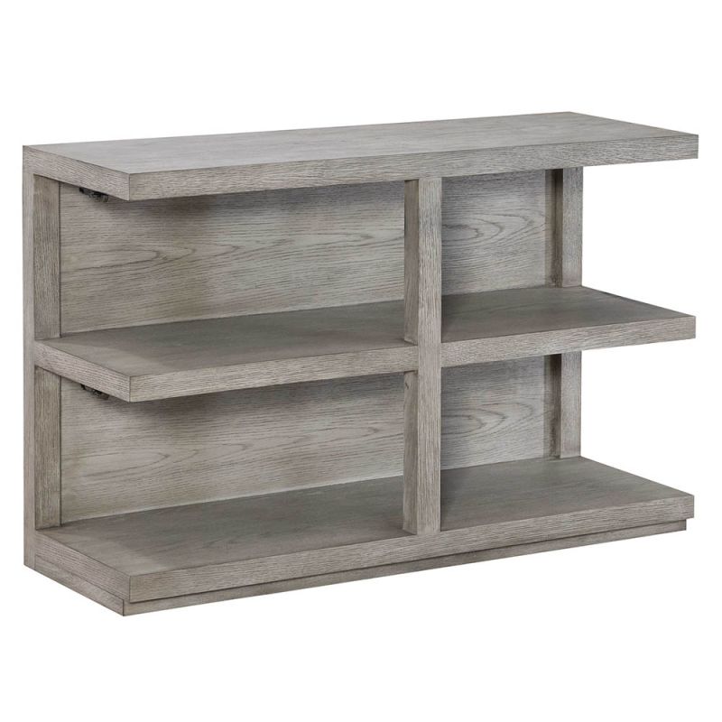 Sleek grey wood console table with shelving