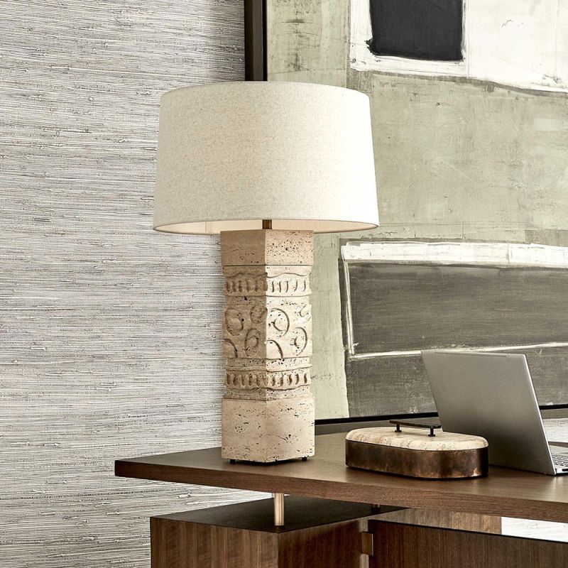 Hieroglyphics-inspired brown lamp with off-white linen shade