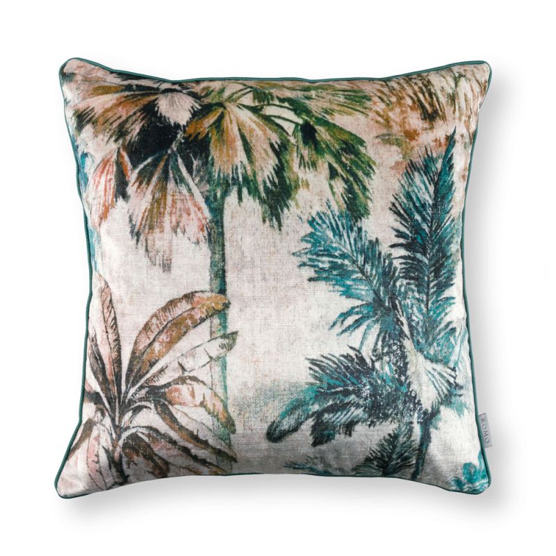 Printed velvet foliage cushion with neutral linen reverse side