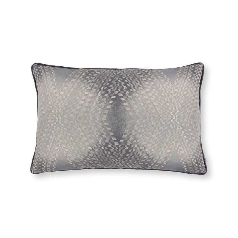 A grey silk-like cushion with black piping and diamond design