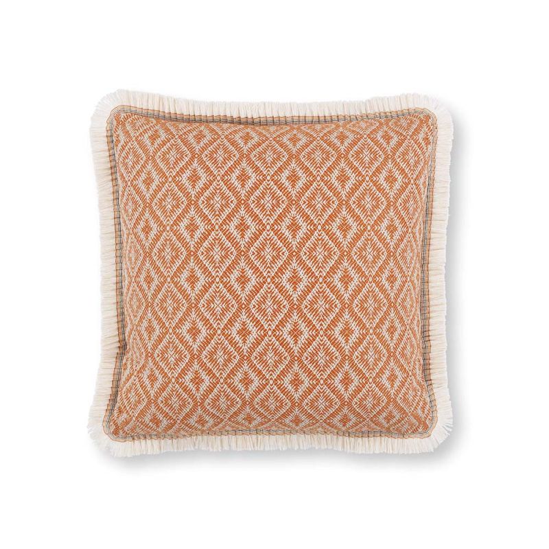 An orange outdoor cushion with diamond pattern and fringe details.