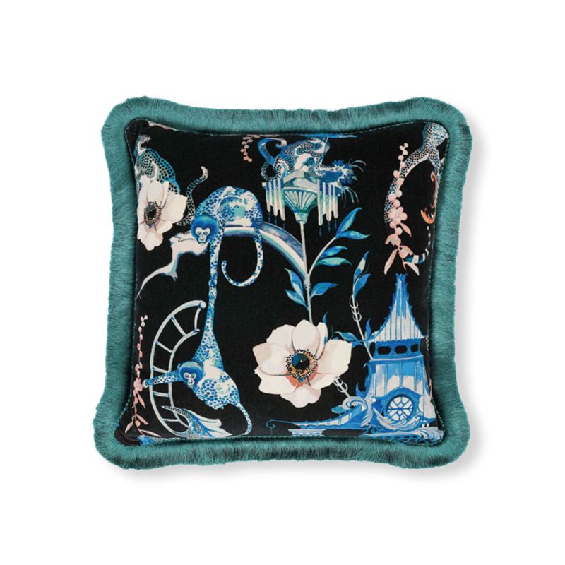 Black velvet cushion with chinoiserie inspired design and leopard design reverse 