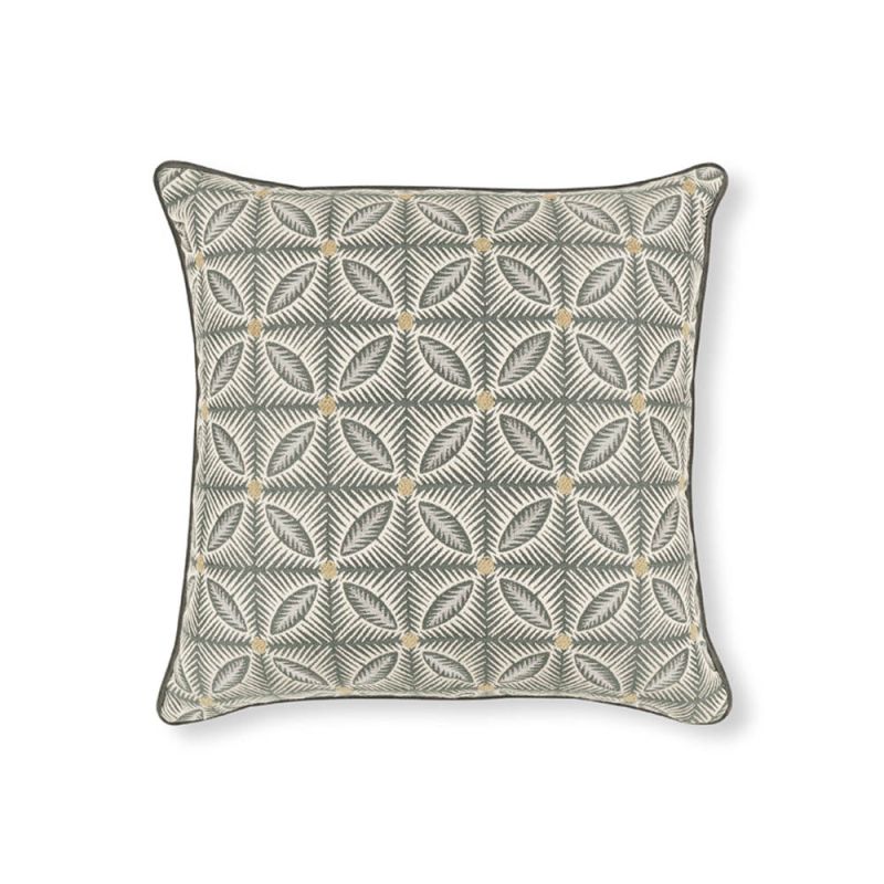 Natural cushion with green geometric pattern and cream reverse