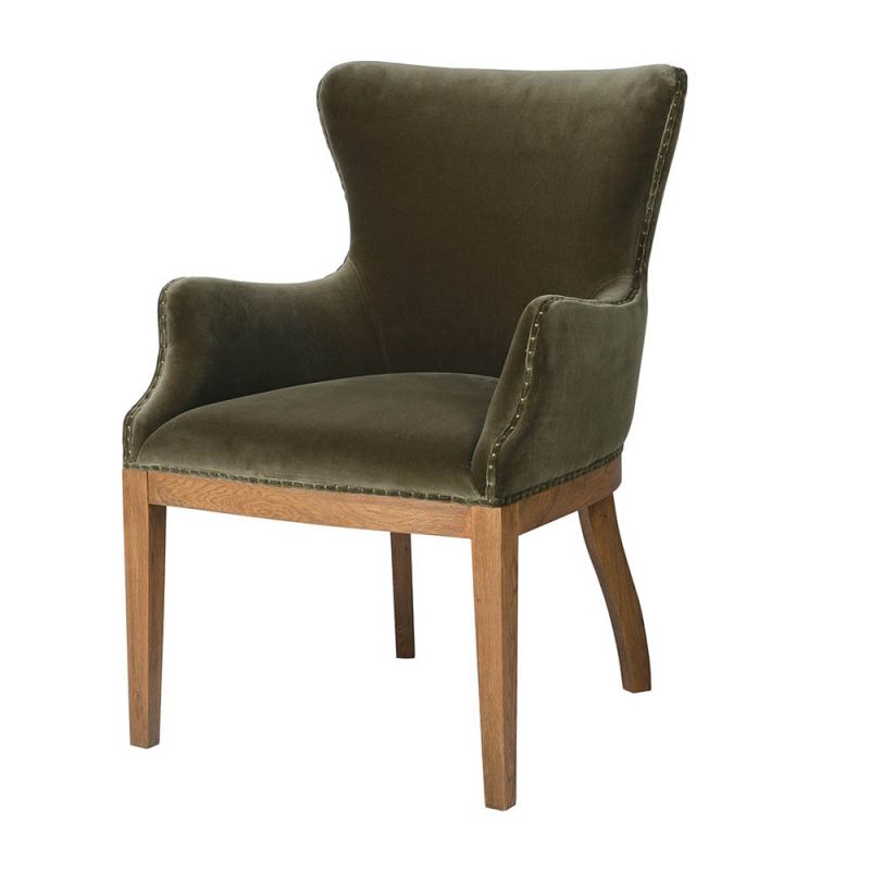 Olive velvet upholstered dining chair with wooden legs