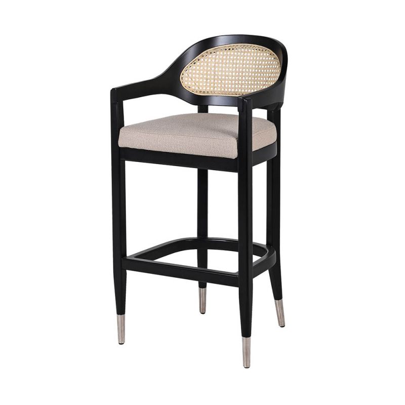 Bar stool with rattan backrest and linen seat contained in black frame