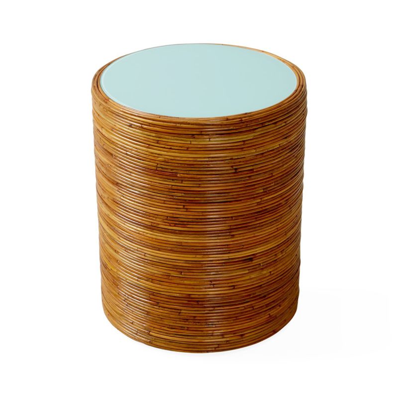 Jonathan Adler honey-toned rattan side table with glossy blue surface